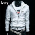 Men's Leisure Zipper Collar Fleece with Hat Slim White Jacket