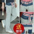 Stitching Double-waist Loose Denim Leisure Belt Sport Pants