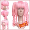 Fashion Pink Synthetic Anime Cosplay Wig with Two Clip On Ponytail