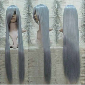 Silver Gray Extra Long Straight Cosplay Wig 100CM with Long Bang
