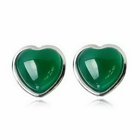 Girls' Heart Shape Sterling Silver Embed with Natural Green Agate Earrings