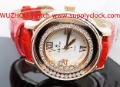 Stainless Steel Leather Red Band Cubic Zirconia Cut Diamonds Waterproof Watch