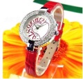 Female PU Leather Strap Waterproof Crystal Bright Love Diamond Quartz Wrist Watch