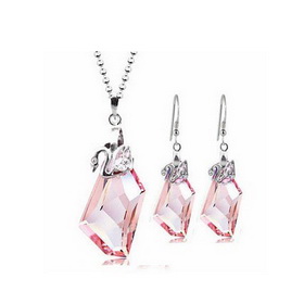 Women's Luxury Crystal Pink Diamond Silver Chain Bridal Jewelry Set