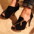 Ladies' Metal Zipper Black High Heel Platform Sandals
