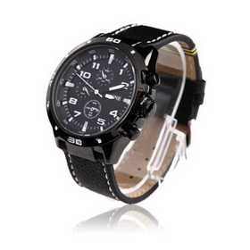Amanda49 Chic 9064 Round Dial Leather Wrist Watch with Black Numerals Hour Marks for Men - Black