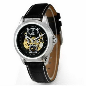 Amanda49 Chic Round Golden Dial Leather Wristband Auto Automatic Mechanical Wrist Watch with Strips Hour Marks for Men - Black
