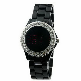 Amanda49 Chic Feminine Round Case Stainless Steel Bangle Wrist Watch with Red Light - Black