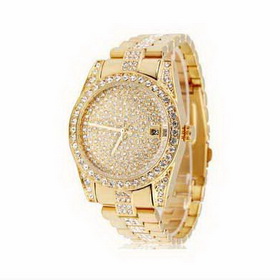 Amanda49 Charming Female's All-Stainless Steel Watchband Quartz Watch with Diamonds Hour Marks & Date - Golden Dial