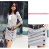 Amanda49 Laconic V Neckline Tightwith Belt Button Design Grey Long Sleeves Dress--Women's Dresses