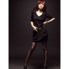 Amanda49 Elastic Waist V Neckline Gathered Design Black Cotton Half Sleeves Dress--Women's Dresses