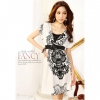 Amanda49 Deep V-Neck Printed Patterns White Mercerized Cotton Short Sleeve Dress--Women's Dresses