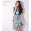 Amanda49 Specially Printed Patterns Green Chiffon + Tannin Sleeveless Dress--Women's Dresses
