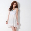 Amanda49 Flower Gather Elastic Chest Strap White Silk Cotton Short Sleeves Dress--Women's Dresses