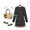 Amanda49 Cotton Round Nneckline Stripe Patterns Lace Hem Dress (Black)