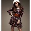 Amanda49 Fashion Printed High Waist Red Long Sleeves Dress--Women's Dresses