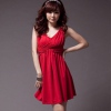 Amanda49 Deep V-Neck Red Smooth Cotton Sleeveless Dress--Women's Dresses