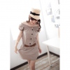 Amanda49 Specially Elastic Collar Design Apricot Satin Short Sleeve Dress--Women's Dresses