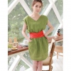 Amanda49 Sweet and Comfortable V-Neck Short Sleeves Linen Dress With Belt--Women's Dresses
