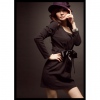 Amanda49 Round Neckline with Bow Belt Coffee Long Sleeves Dress--Women's Dresses