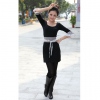 Amanda49 Graceful and Fitness Round Neckline Cuff Lotus Leaf Design Black Cotton+Imtated Silk Dress