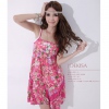 Amanda49 Rose Printed Adjustable Shoulder Strap Design Pink Cotton Short Dress--Women's Dresses