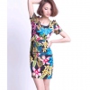 Amanda49 Exquisite and Slim Round Neckline Flowers Pattern Puff Sleeves Milk Silk Dress--Women's Dresses