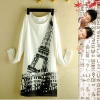 Amanda49 Fashionable Eiffel Tower Print Round Neckline Long Blouse