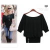 Amanda49 Off-Shoulder Tighting Sleeves Black Cotton Half Sleeves Blouse--Women's Blouses