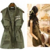 Amanda49 Cool Military Style Elastic Waist Patch Embellished Many-Pockets Design Sleeveless Blouse For Women