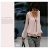 Amanda49 Cotton+Chiffon Round Frills Neckline Pink Long Sleeves Blouse--Women's Blouses