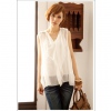 Amanda49 V-neck Shoulder-embellished Button White Chiffon Sleeveless Blouse--Women's Blouses