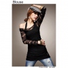 Amanda49 Charming Mesh Embellished Black Lace + Cotton Long Sleeve Vest Lining Blouse for Women