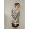 Amanda49 Loose Strip Round Neckline Grey Cotton Bat Sleeves Blouse--Women's Blouses