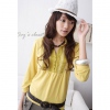 Amanda49 V-Neck with Collar Special Button Design Yellow Half Sleeves Blouse--Women's Blouses