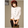 Amanda49 Sweet High Collar Special Button Design White Cotton Long Sleeves Shirt--Women's Blouses