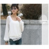Amanda49 Cotton+Chiffon Round Frills Neckline White Long Sleeves Blouse--Women's Blouses