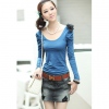 Amanda49 Shoulder with Bow Blue Puffs Long Sleeves Blouse--Women's Blouses