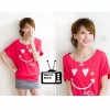 Amanda49 Cute Smile Round Neckline Cotton Red Short Sleeves Blouse--Women's Blouese