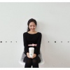Amanda49 Laconic Round Neckline Puff Sleeves Black Sweater With Bowknot Belt