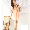 Amanda49 Loose Round Neckline Pink Chiffon Short Sleeve Blouse--Women's Blouses