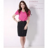 Amanda49 Specially Zipper Design Rose Red Cotton Short Sleeve Blouse--Women's Blouses