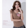 Amanda49 Fashionable Corsage Brown Cotton Short Sleeve SpringSummer Blouse