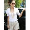 Amanda49 Exquisite and Slim V-Neck White Puff Sleeves Cotton Fabric Blouse For Women