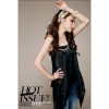 Amanda49 Asymmetrical Hem Design Deep V-Neckline Black Satin + Lace Vest