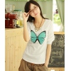 Amanda49 Fashionable Butterfly Print White Cotton Short Sleeve Blouse