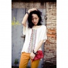 Amanda49 Loose and Comfortable Bat Sleeve Front Delicate Manual Embroidery Short Sleeve Blouse