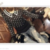 Amanda49 Vintage Style Lapel Dots Patterns Waisted Black Long Sleeves Milk Silk+Ribbed Cotton Blouse For Women