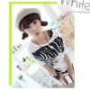 Amanda49 Cute Round Neckline Zebra Patterns White Bat-Wing Sleeves Cotton+Spandex T-Shirt For Women
