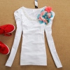Amanda49 Elegant Round Beads Collar Colorful Flower Embellished Shoulder White Long Sleeves Cotton T-Shirt For Women